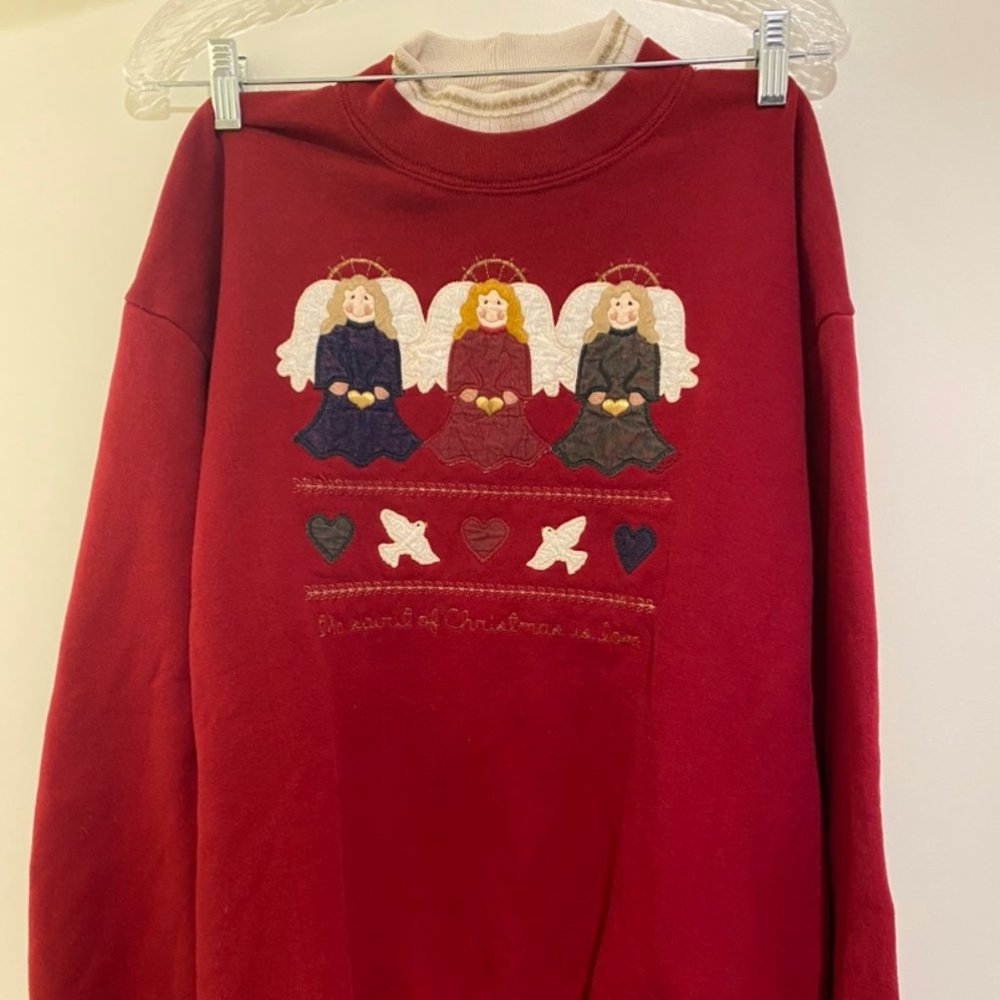 Vintage Christmas Sweater Embroidered Angel and Doves with Petite Mock Neck